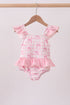 Pink bow print ruffle one-piece swimsuit