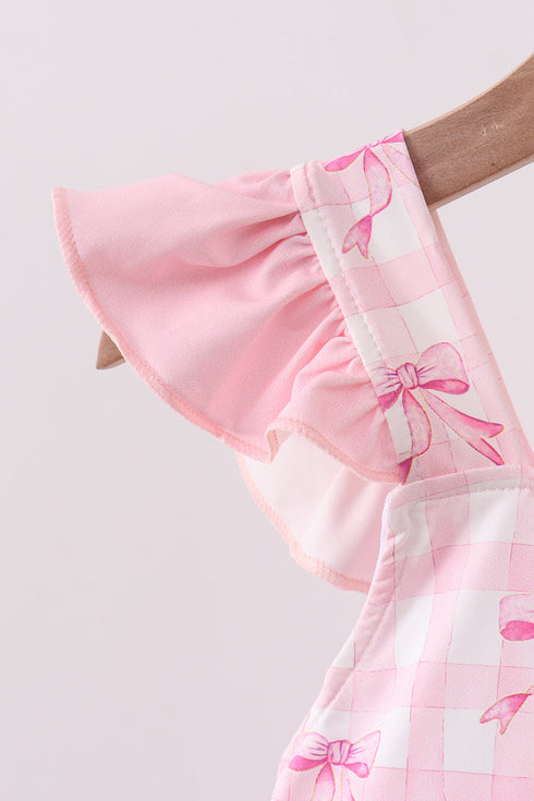 Pink bow print ruffle one-piece swimsuit