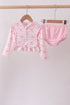 Pink bow print ruffle zipper 2pc swimsuit