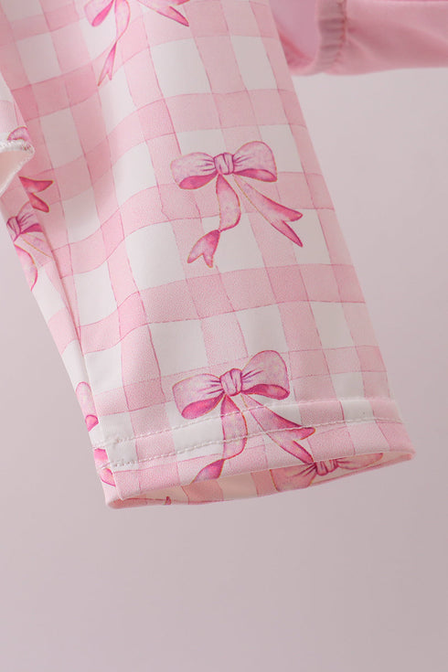 Pink bow print ruffle zipper 2pc swimsuit