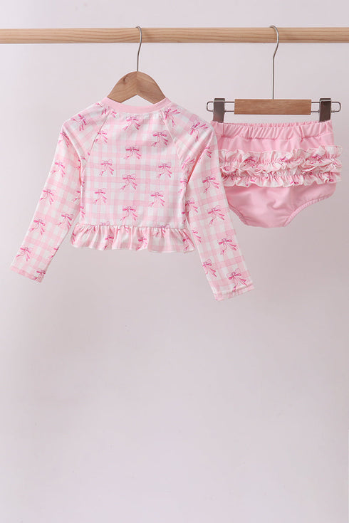 Pink bow print ruffle zipper 2pc swimsuit