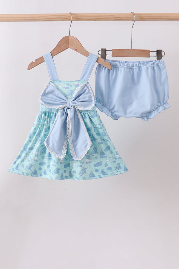 Blue beach print bow bloomer set
