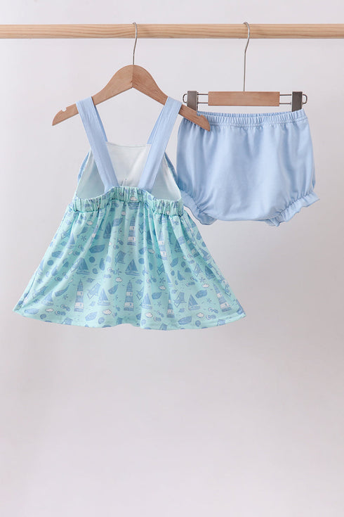 Blue beach print bow bloomer set