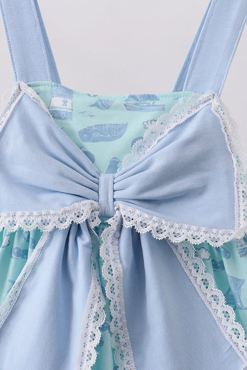 Blue beach print bow ruffle dress