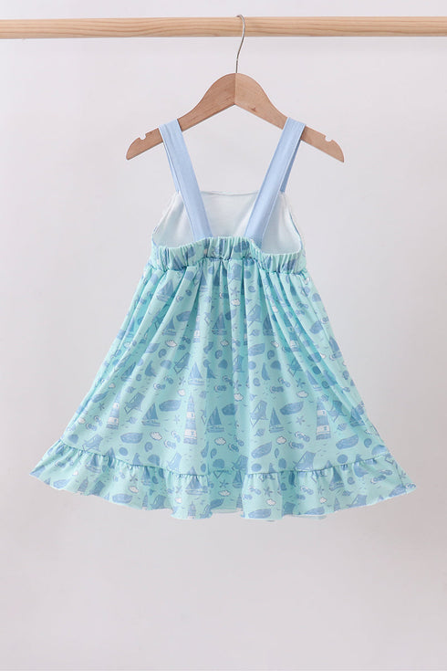 Blue beach print bow ruffle dress