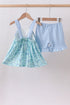 Blue beach print bow ruffle shorts set