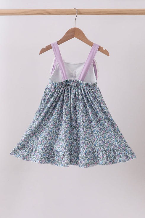 Purple floral print bow ruffle dress