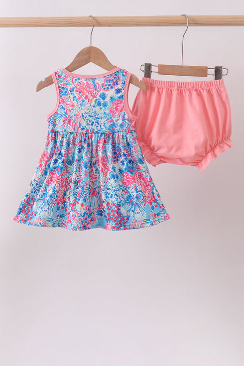 Pink tropical floral print ruffle bow bloomer set