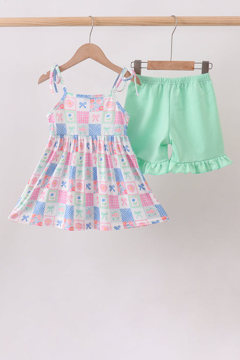 Green Bow Checkered Ruffle Shorts Set