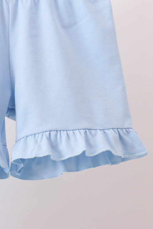 Blue Floral Embroidered Ruffle Shorts Set