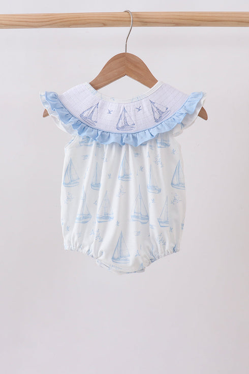 Blue Sailboat Smocked Ruffle Bubble