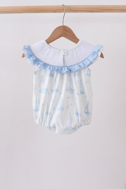 Blue Sailboat Smocked Ruffle Bubble