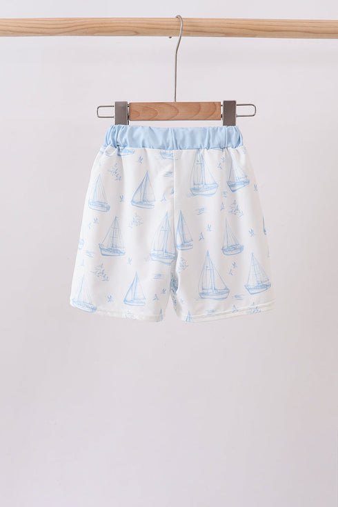 Blue Sailboat Embroidered Swim Trunks
