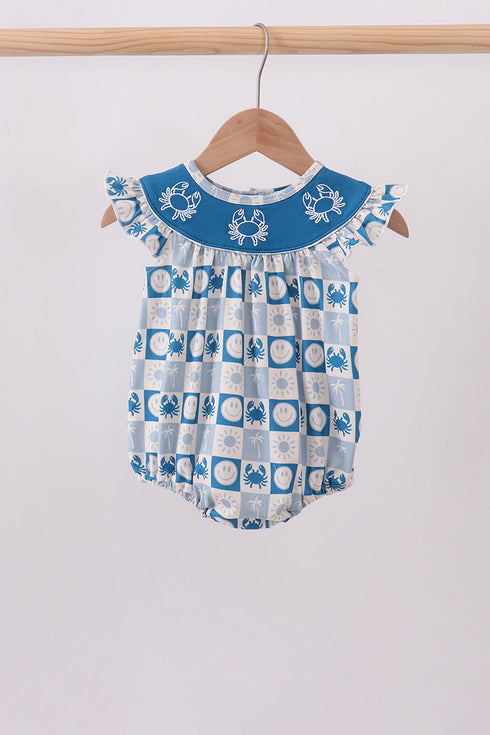 Blue Crab Embroidered Checkered Ruffle Bubble