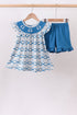 Blue Crab Embroidered Checkered Ruffle Shorts Set