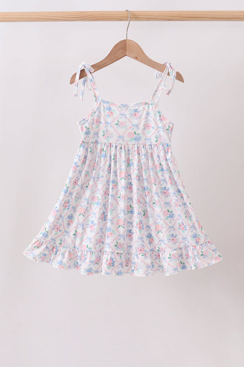 Blue Floral Smocked Ruffle Dress