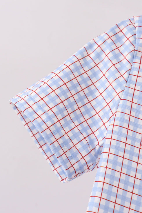 Blue Apple Embroidered Plaid Shorts Set