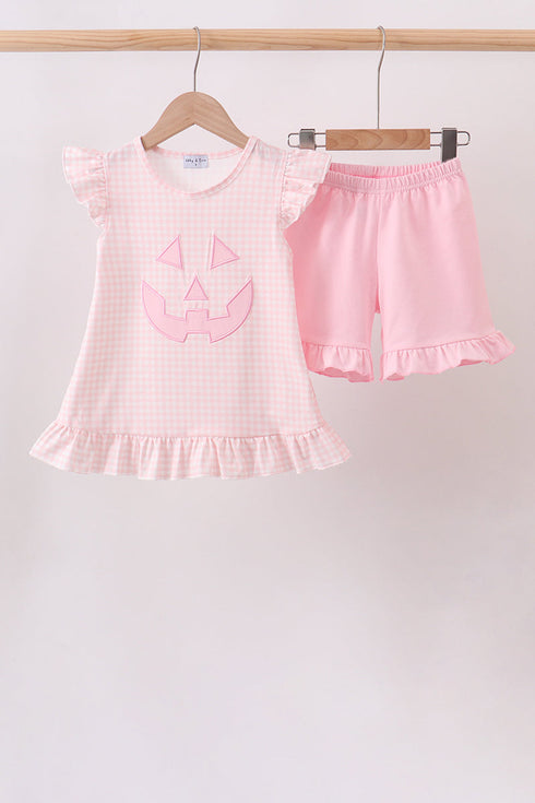 Pink Jack-O-Lantern Applique Ruffle Shorts Set