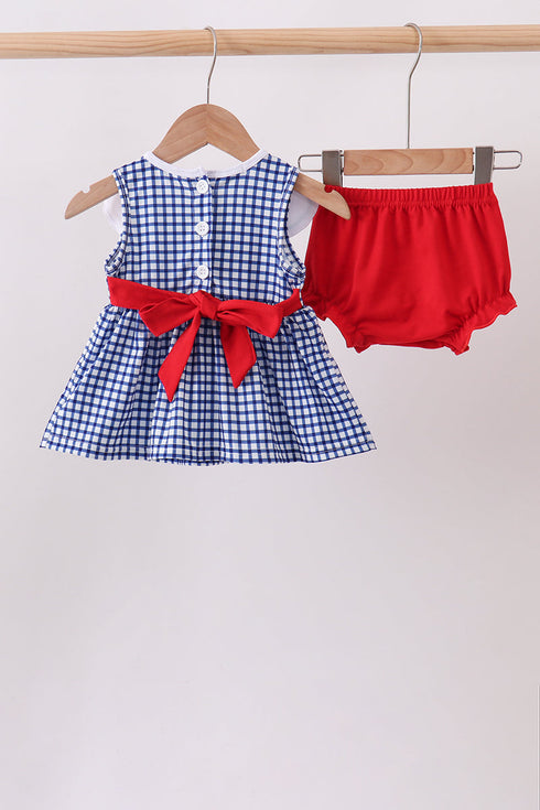 Navy Apple Embroidered Gingham Bloomer Set