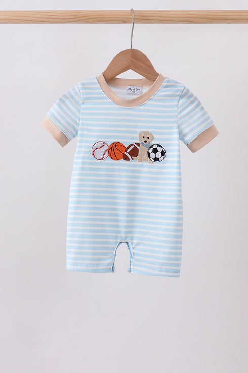 Blue Puppy Ball Embroidered Stripe Romper