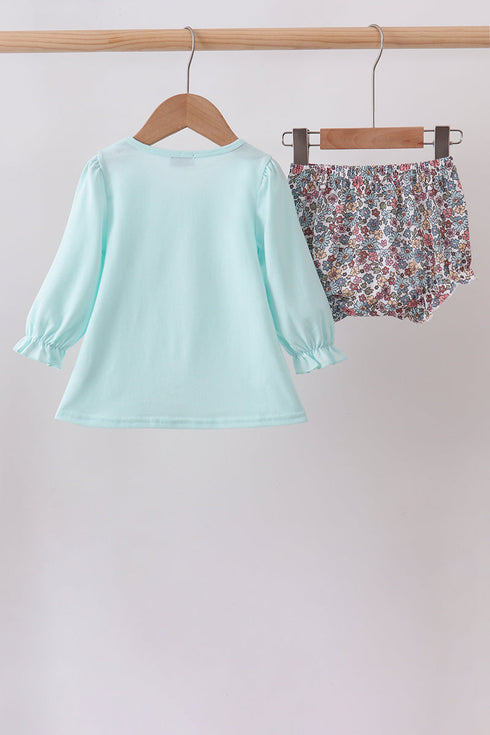 Blue Floral Bow Applique Bloomer Set