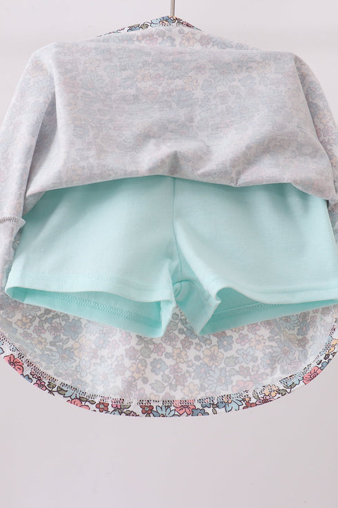 Blue Floral Bow Applique Skorts Set