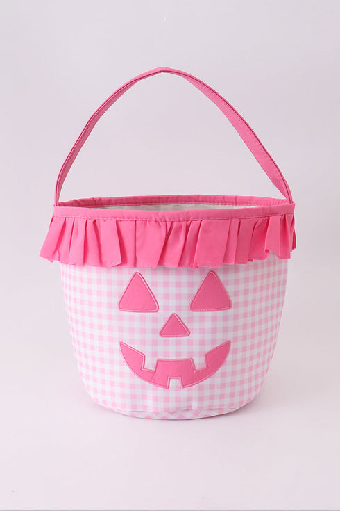 Pink Pumpkin Applique Gingham Ruffle Basket