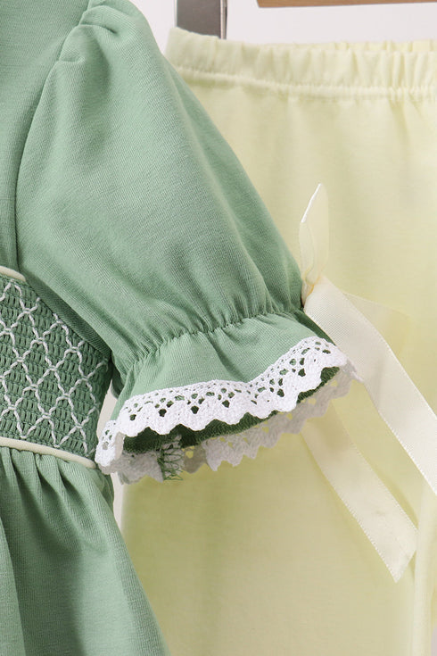Sage collar smocked lace pants set