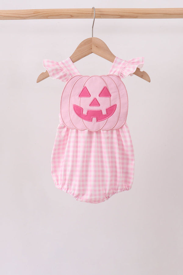 Pink Jack-O-Lantern Applique Ruffle Gingham Bubble