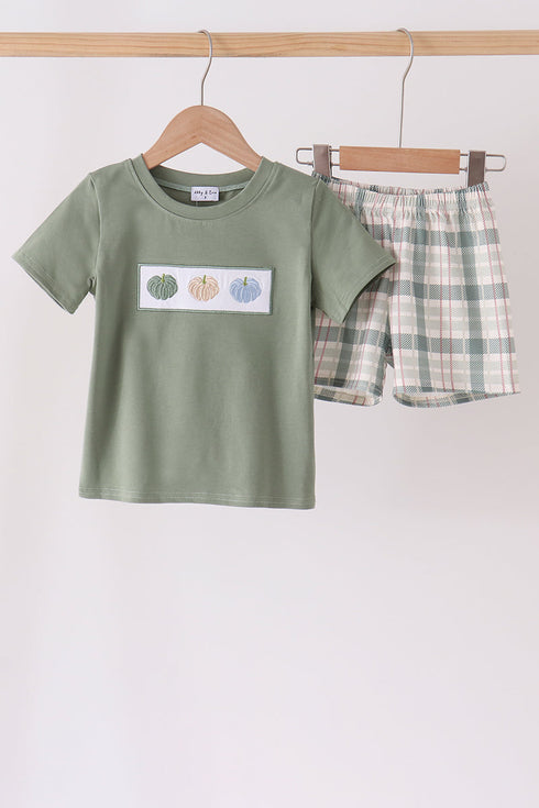 green-pumpkin-embroidery-plaid-shorts-set-sophias-styleSet-1