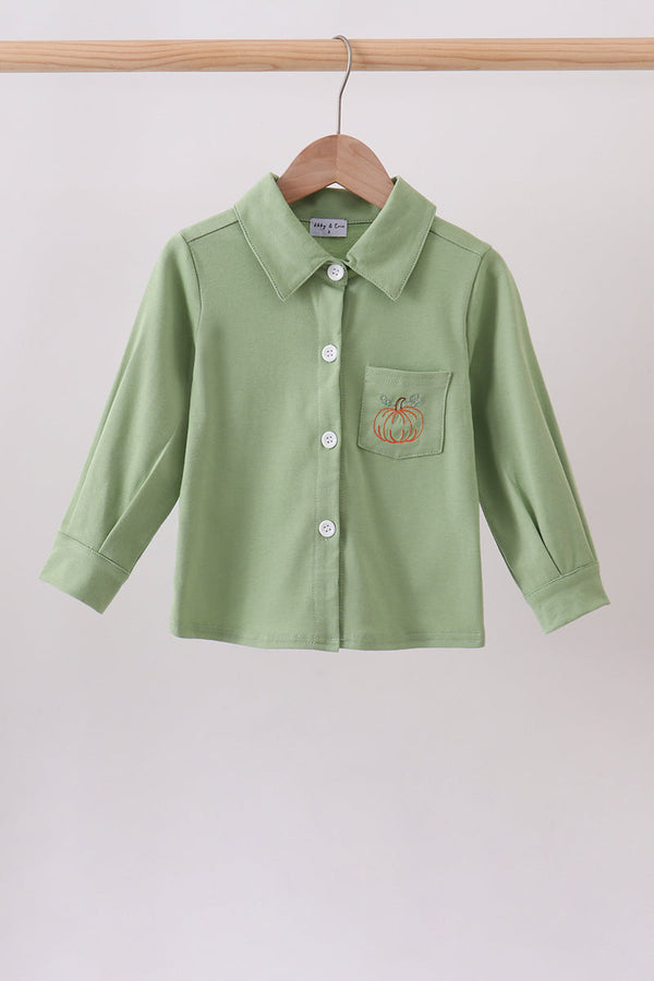 Sage Pumpkin Embroidered Button Down Shirt