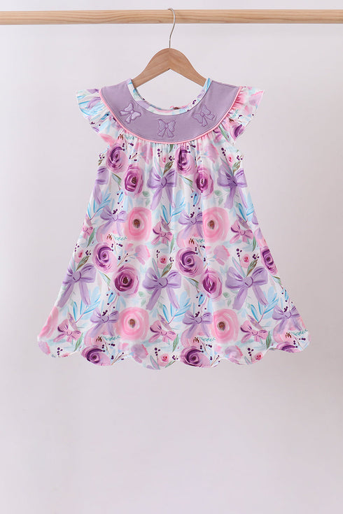 Purple Bow Embroidered Floral Scalloped Dress