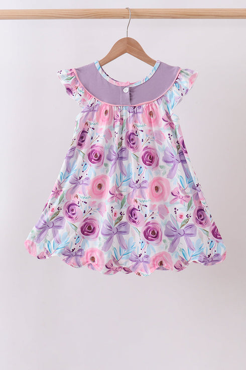 Purple Bow Embroidered Floral Scalloped Dress