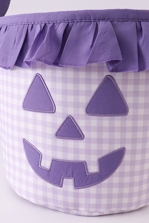 Purple Pumpkin Applique Gingham Ruffle Basket
