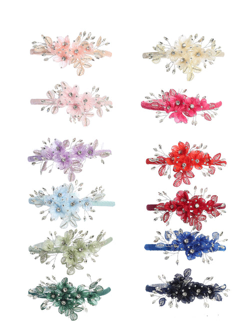 Girls Satin Headband with Organza Flowers and Rhinestones