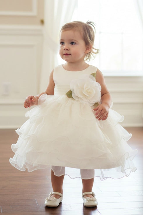 Baby Girls White Ivory Satin Organza Ruffle Flower Dress with Rose Applique