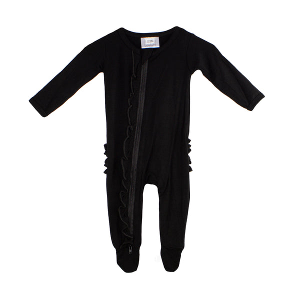 ruffle-2-way-zip-romper-black Presley Couture at Sophia's Style-Baby Zip Romper-1