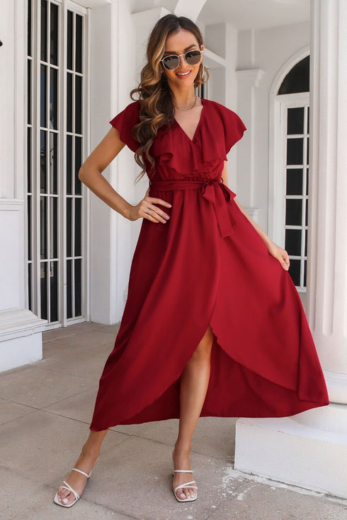 ruffled-surplice-tie-waist-slit-midi-dress Sophia's Trends - Sophia's Style-Burgundy-XL