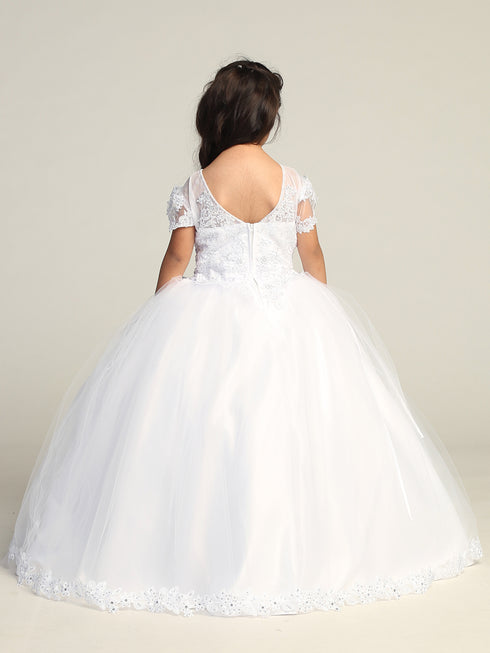 Girls White Illusion Neckline Lace Sleeve Mary Communion Dress 7-18