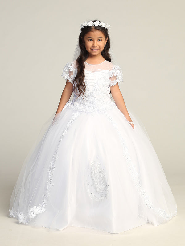 Girls White Illusion Neckline Lace Sleeve Mary Communion Dress 7-18