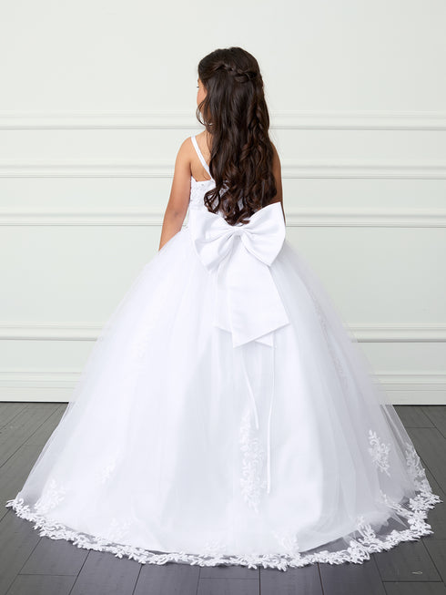 Girls Elegant Double Spaghetti Strap Lace Bodice Communion Dress 7-18