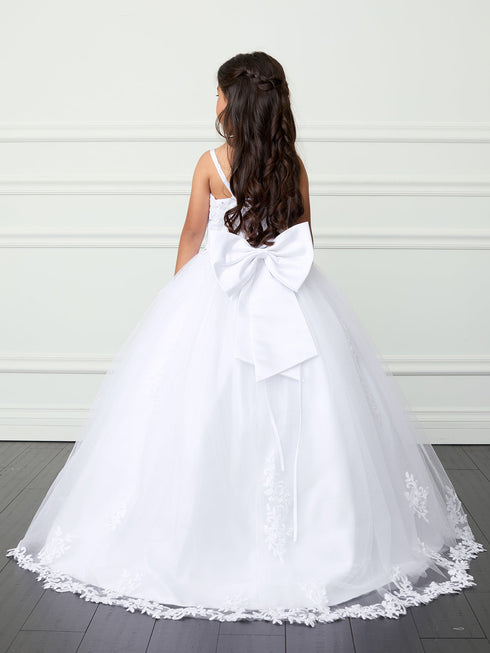 Girls Elegant Double Spaghetti Strap Lace Bodice Communion Dress 7-18