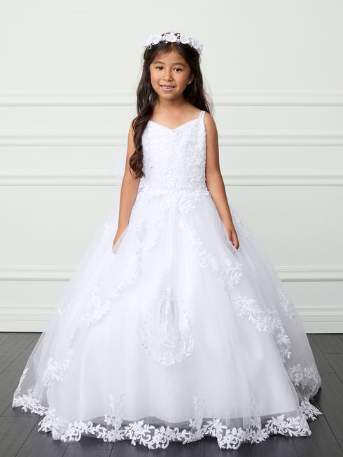 Girls Elegant Double Spaghetti Strap Lace Bodice Communion Dress 7-18