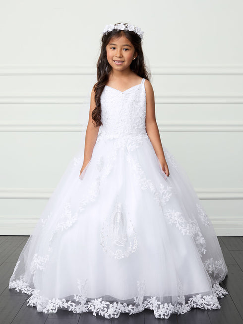 Girls Elegant Double Spaghetti Strap Lace Bodice Communion Dress 7-18