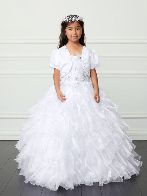 Girls Ruffled Organza Skirt & Floral Embroidery Communion Dress 7-18