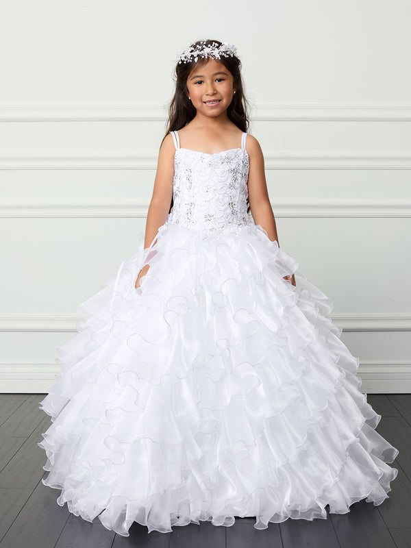 Girls Ruffled Organza Skirt & Floral Embroidery Communion Dress 7-18