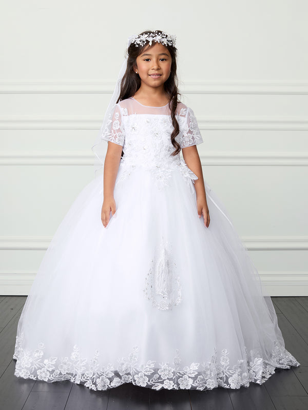 Girls Illusion Neckline & Maria Embroidery Communion Dress 7-18