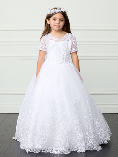 Girls Short Sleeve Maria Embroidery Communion Dress 7-18
