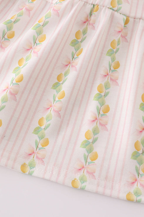 Pink lemon print bow smocked tiered mom&me dress
