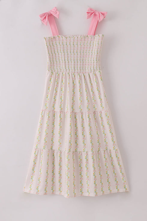 Pink lemon print bow smocked tiered mom&me dress